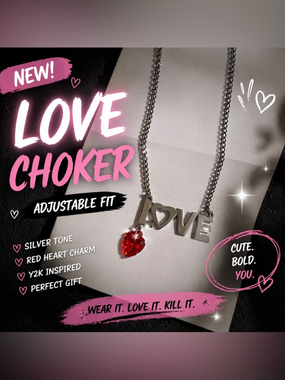 Silver “LOVE” Choker Necklace w/ Red Heart Charm – Adjustable Chain - Picture 3 of 3